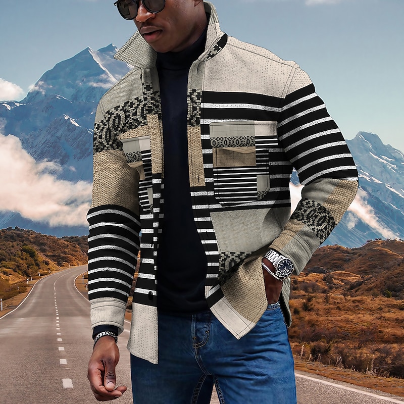 Men's Lightweight Jacket Summer Jacket Outdoor Street Pocket Print Summer Spring Striped Streetwear Sporty Turndown Regular Regular Fit Beige Jacket