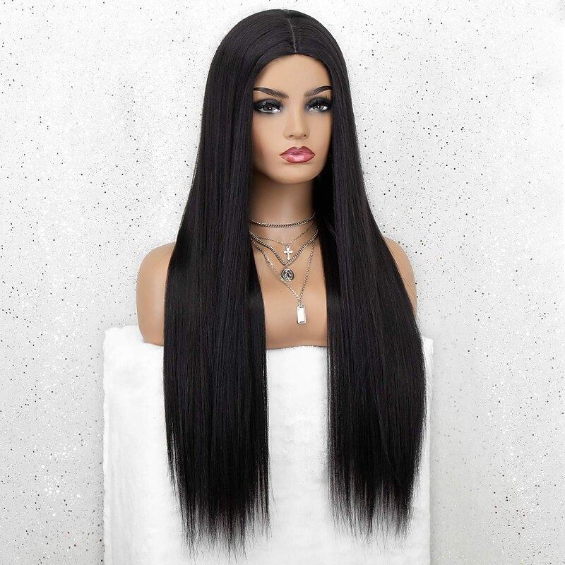 Black Wigs for Women Synthetic Wig Straight Middle Part Wig Ombre A1 A2 A3 A4 A5 Synthetic Hair 26 Inch Women's Red Black Ombre2