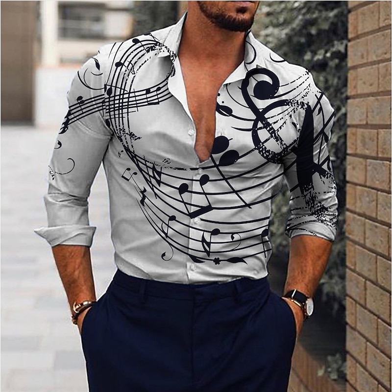 Men's Boardmasters Music Notes Shirt Button Up Shirt Long Sleeve Fashion Designer Casual Outdoor Casual Holiday Summer Spring Turndown Print Button-Down White Pink Blue Purple