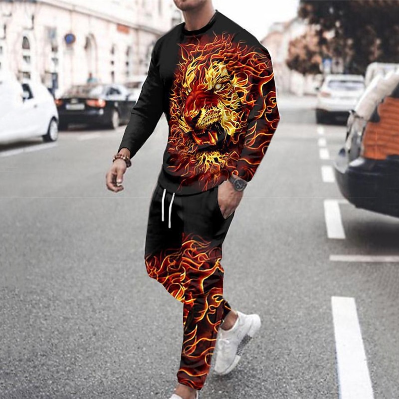 Men's Tracksuit Sweatsuit Orange Crew Neck Graphic Lion Casual Daily Holiday Polyester Casual Big and Tall Athletic Spring &  Fall Clothing Apparel Hoodies Sweatshirts  Long Sleeve