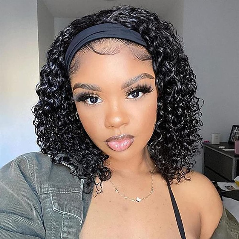 Black Wigs for Women Deep Wave Headband Bob Wigs for Women,12 Inch Synthetic Water Wave Short Black Curly Wigs with Headband（No Colored Headband）