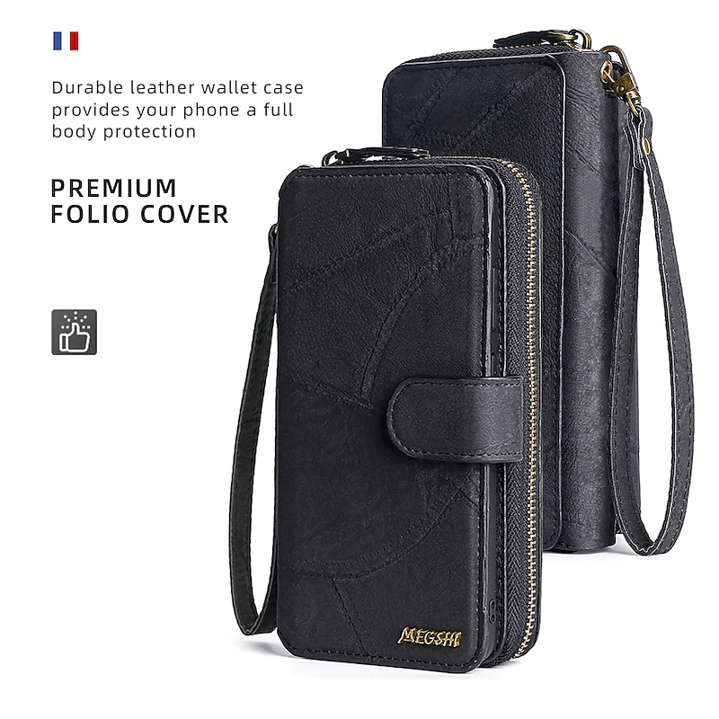 Phone Case For Samsung Galaxy S23 S22 S21 FE S21 Ultra Plus A14 A54 A73 A53 A33 A72 Wallet Case Zipper Full Body Protective with Phone Strap Solid Colored PC PU Leather3