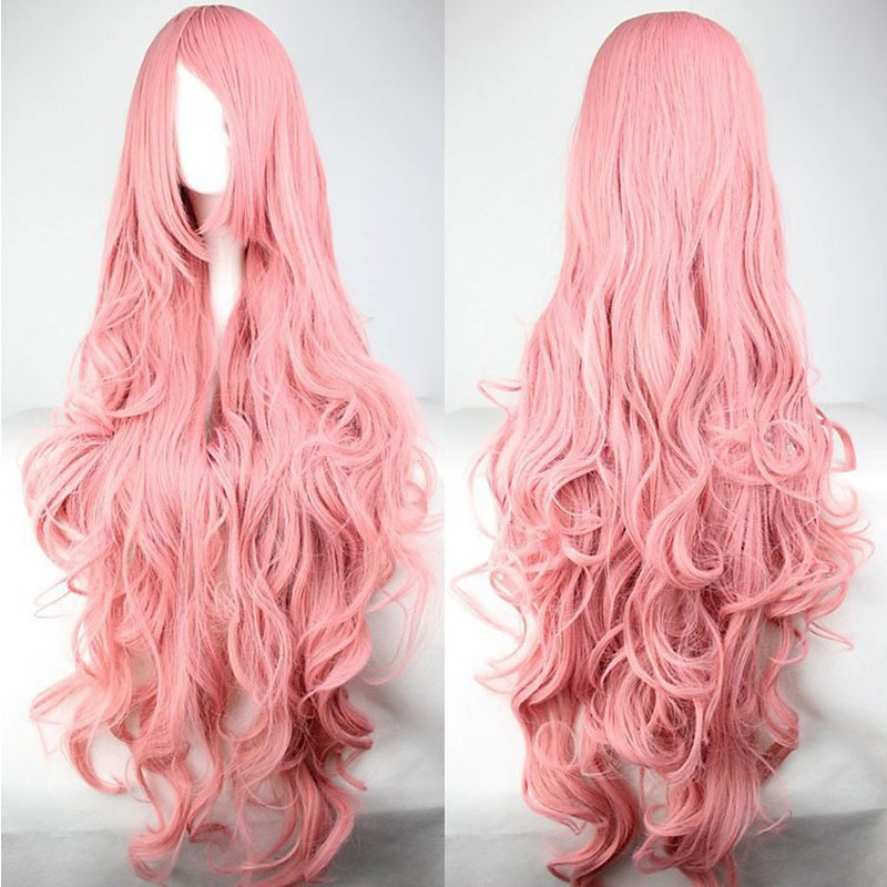 Pink Wigs For Women Synthetic Wig Cosplay Wig Wavy Kardashian Wavy Asymmetrical with Bangs Wig Pink Long Pink Synthetic Hair Women's with Bangs Pink Halloween Wigs
