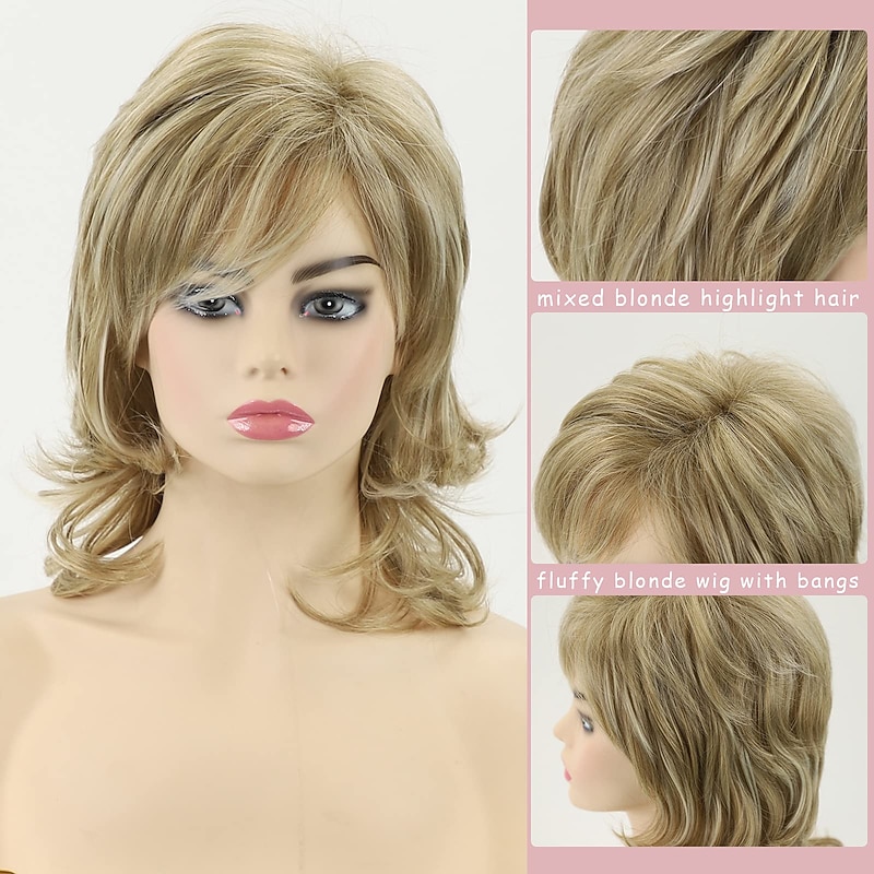 Short Mixed Blonde Curly Wig with Bangs Natural Wavy Synthetic Wig for Women Short Natural Wavy Wigs3