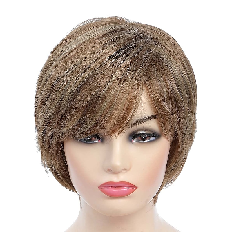 Pixie Cut Layered Short Brown Wigs with Bangs Straight Synthetic Wigs for White Women (Blonde Mixed Brown)2
