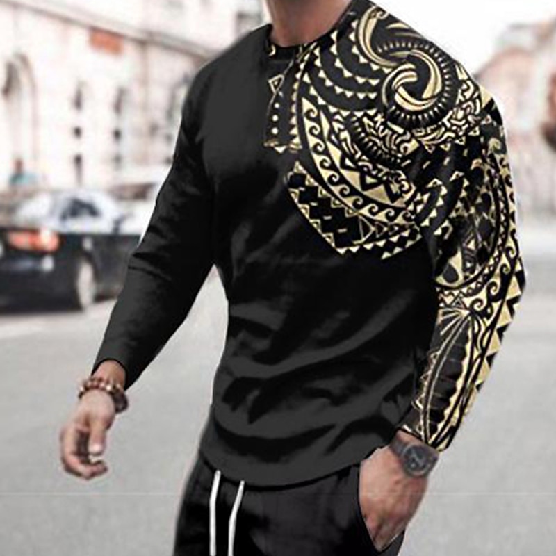 Men's Tracksuit Sweatsuit Black Crew Neck Graphic Bohemian Style Sports & Outdoor Casual Daily Casual Big and Tall Athletic Spring & Fall Clothing Black And Gold2