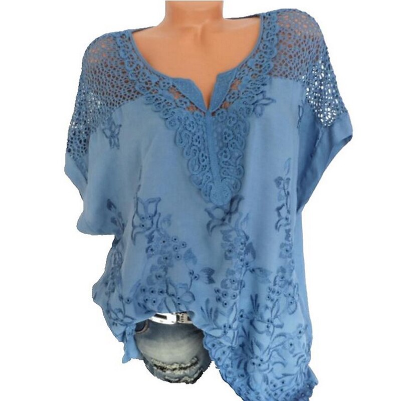 Women's Shirt Blouse White Eyelet Tops Black White Red Solid Color Plain Lace Half Sleeve Casual Daily Vintage Basic Elegant V Neck Regular S3