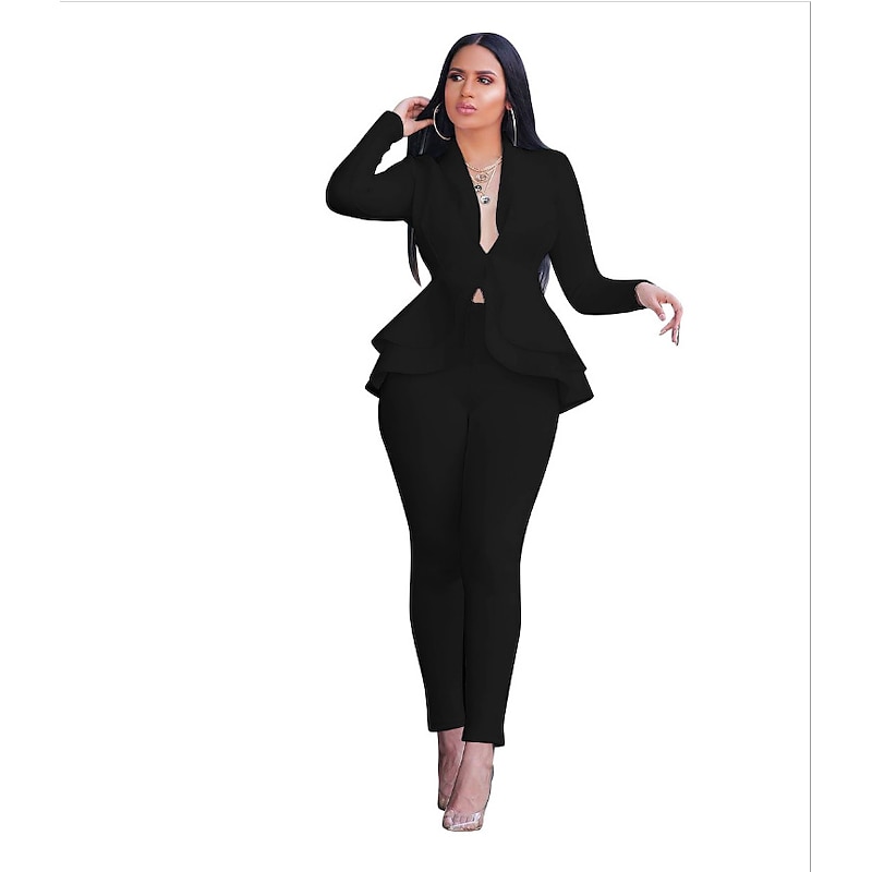Women's Vintage Basic Blazer Office Suit Pants Sets Long Sleeve Shirt Collar Solid Color Ruffle Office Wear to work Black White Pink Fall & Winter Regular Fit4