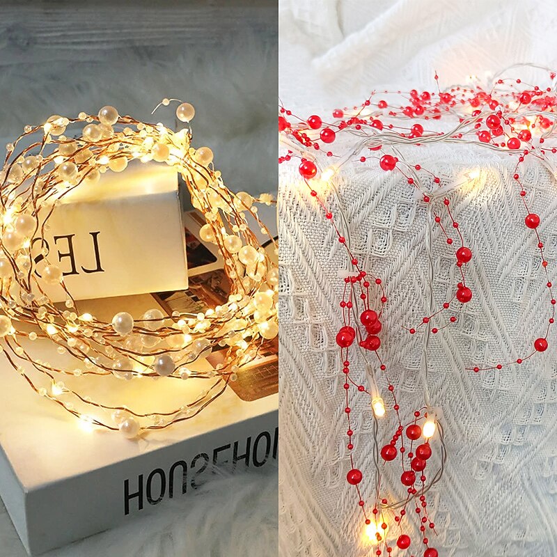 5m 50leds Pearl Wire Copper String Lights Battery Powered Fairy Lamp Christmas Wedding Party Home Garland Holiday Decoration