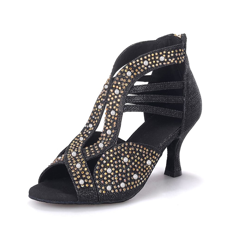Women's Rhinestone Embellished Open-Toe Dance Shoes - Sparkly Performance Heels for Ballroom and Latin Dance 6