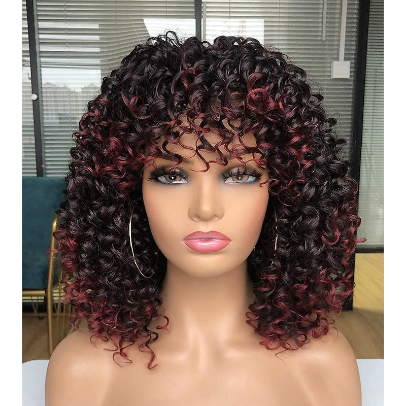 Black Wigs for Women Prettiest Afro Curly Wig Black with Warm Brown Highlights Wig with Bangs for Black Women Natural Looking for Daily Wear