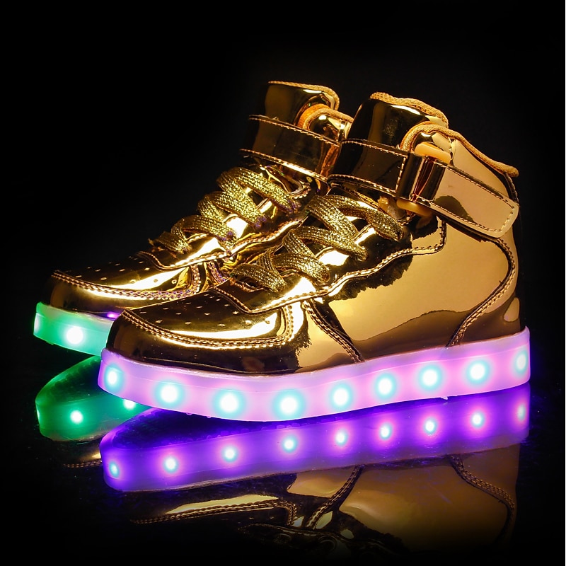 Gold LED Light-Up High-Top Sneakers for Kids and Men with Colorful Sole, Adjustable Strap, and Shiny Finish