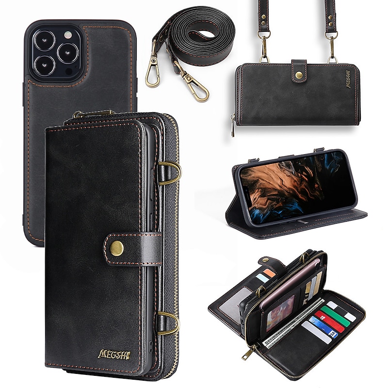 Phone Case For iPhone 15 14 Pro Max Plus 13 12 11 Pro Max Mini Wallet Case Magnetic with Lanyard Shockproof Solid Color TPU PC PU Leather