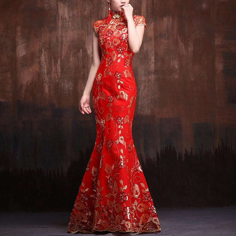 Mermaid Evening Gown Vintage Dress Wedding Guest Formal Evening Floor Length Short Sleeve High Neck Satin with Sequin Embroidery  dress to impress