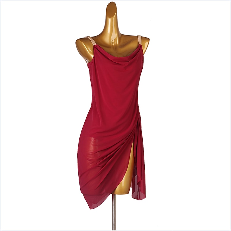 Dance Salsa Latin Dance Dress Pure Color Tulle Women's Training Performance Sleeveless Chinlon3