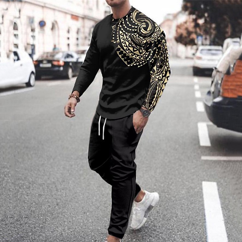Men's Tracksuit Sweatsuit Black Crew Neck Graphic Bohemian Style Sports & Outdoor Casual Daily Casual Big and Tall Athletic Spring & Fall Clothing Black And Gold