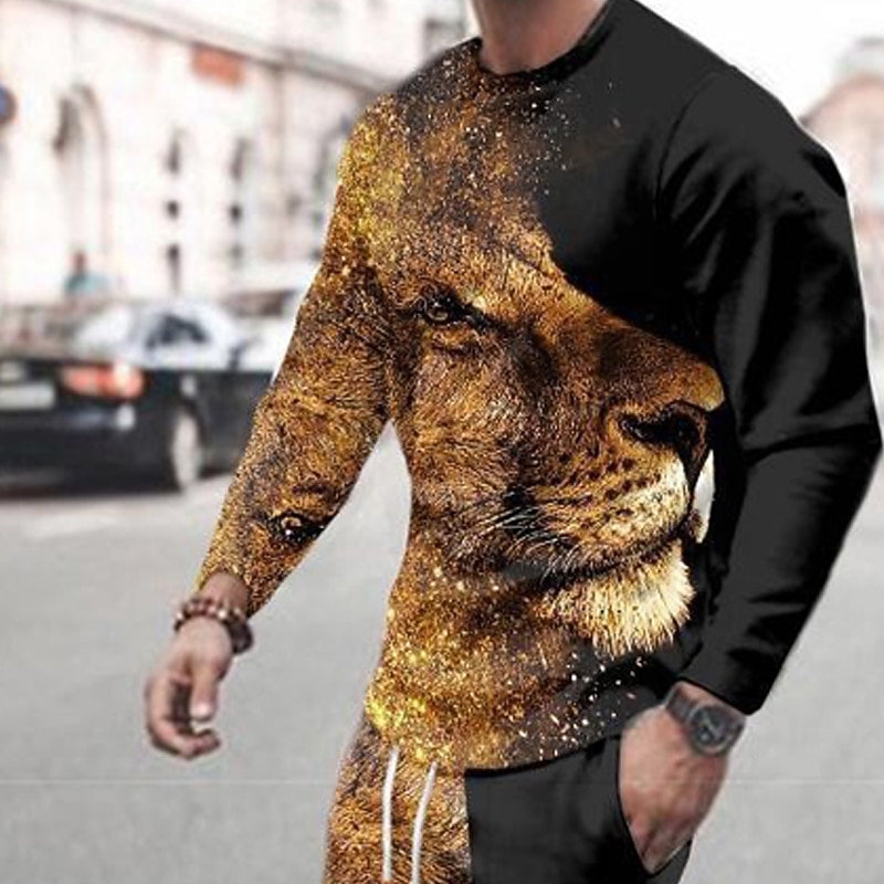 Men's Tracksuit Sweatsuit Brown Crew Neck Graphic Lion Casual Daily Holiday Casual Big and Tall Athletic Spring &  Fall Clothing Apparel Hoodies Sweatshirts  Long Sleeve2