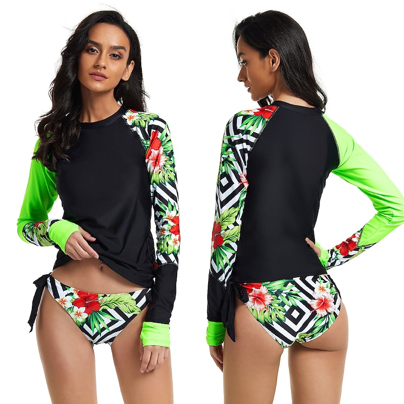 Women's Rash guard Swimsuit UV Sun Protection Breathable Quick Dry Long Sleeve Swimwear Bathing Suit 2 Piece Swimming Surfing Water Sports Floral Summer Spring Autumn / Fall4