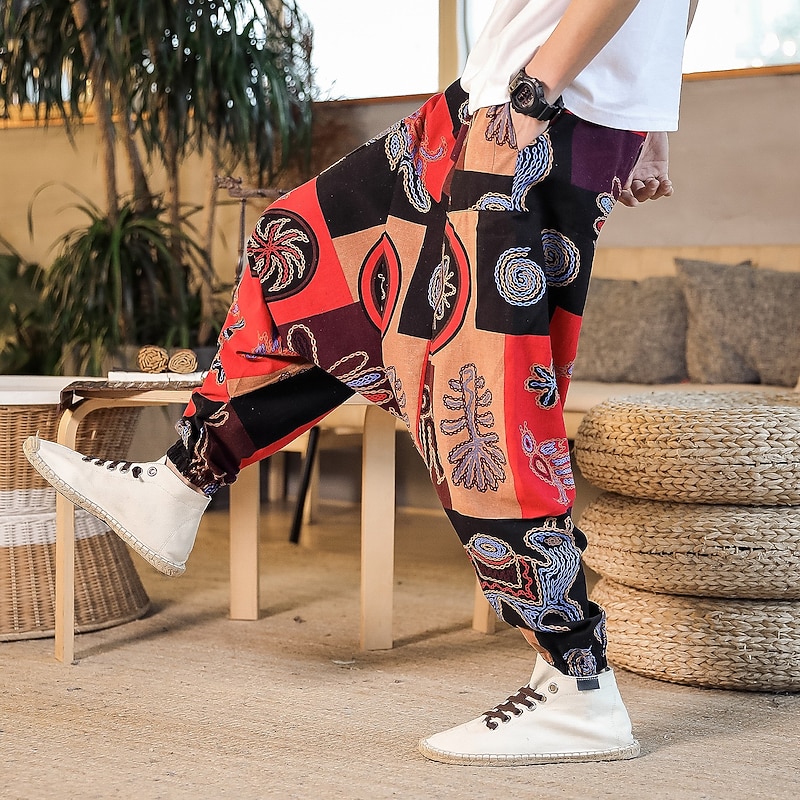 Men's Harem Sweatpants Trousers Summer Pants Baggy Elastic Waist Drop Crotch Butterfly Abstract Flower / Floral Breathable Soft Full Length Casual Daily Cotton And Linen Ethnic Style Chinoiserie2