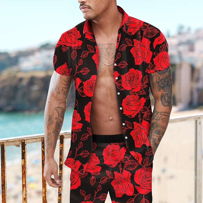 Men's Floral Rose 2pcs Shirts Sets Summer Hawaiian Shirt Short Sleeve Short Pants Turndown Fashion Hawaiian Designer Outdoor Vacation Beach 3D Print Button-Down Summer Spring Yellow Red Purple