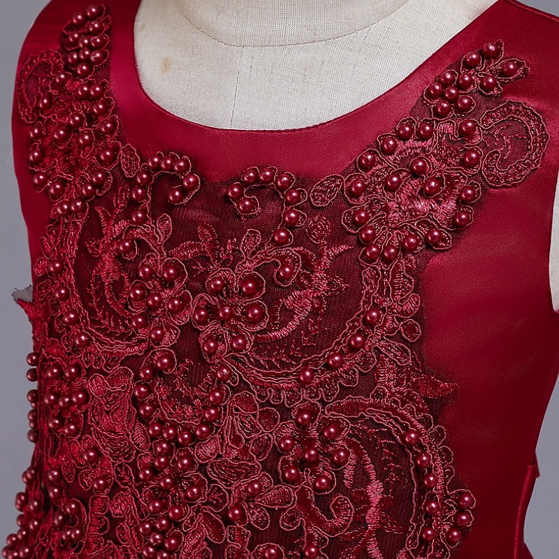 Flower Girl Dress Girls' Dress Party Dress Wedding Party Cute Princess Ruched Print Floral Sleeveless Crew Neck White Wine 4-13 Years3