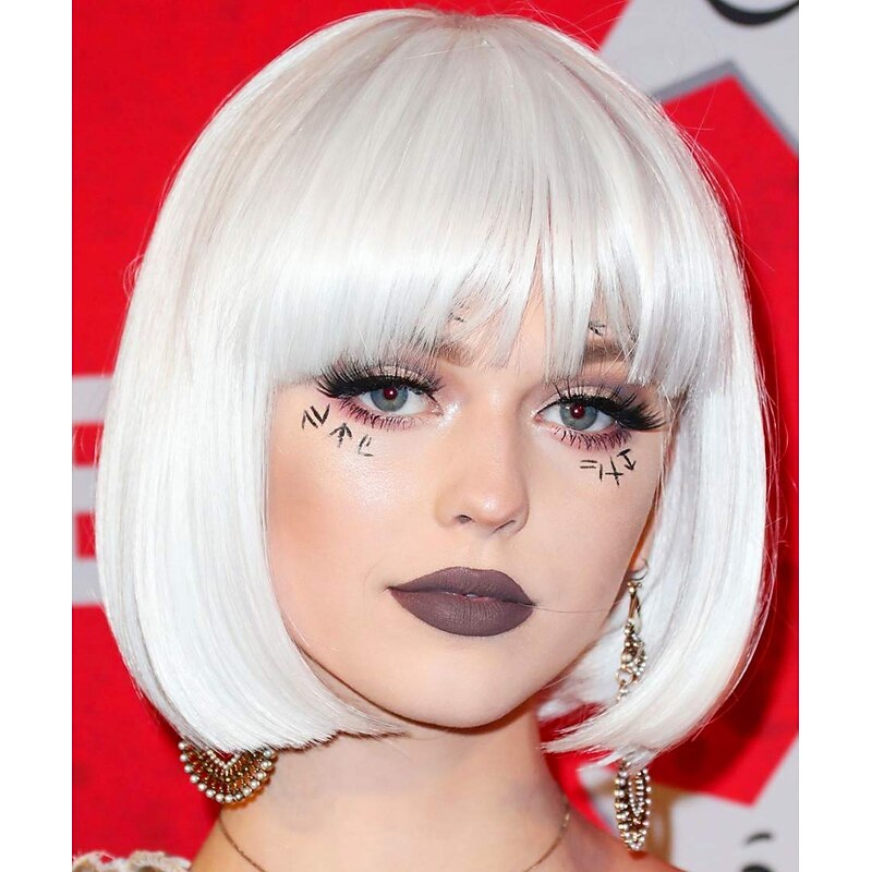 White Wigs for Women Wig White Bob Short Straight Wigs Hair with Bangs Synthetic Cosplay Party Halloween for Women Synthetic Hair Wig Vd052C