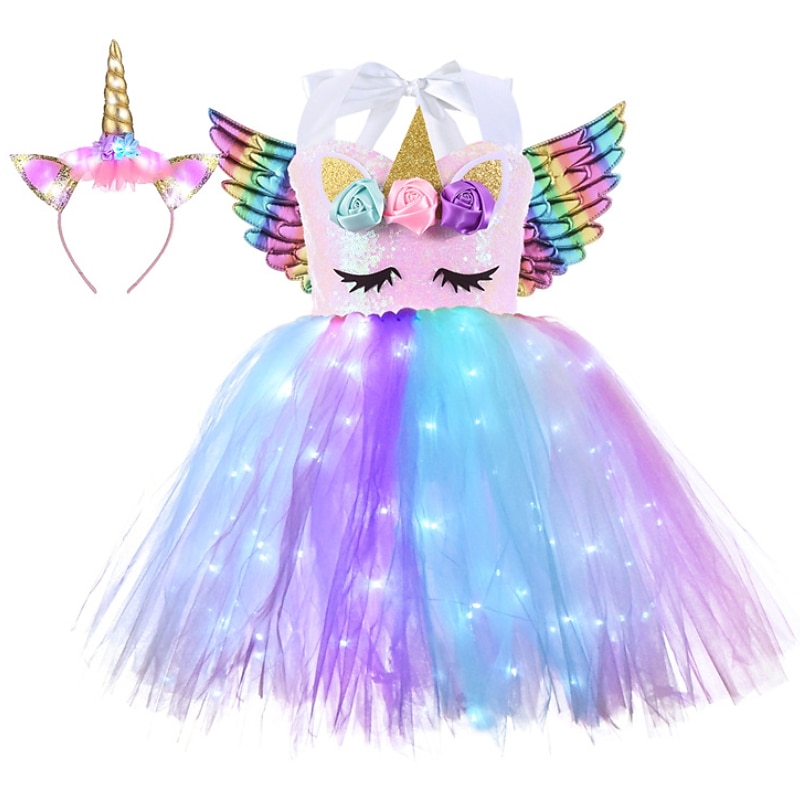 Kids Girls' Led Luminous Unicorn Tutu Dress Birthday Performance Ruched Mesh Patchwork Purple Rainbow Light Blue Cotton Above Knee Sleeveless Costume Cute Dresses Fall Summer3