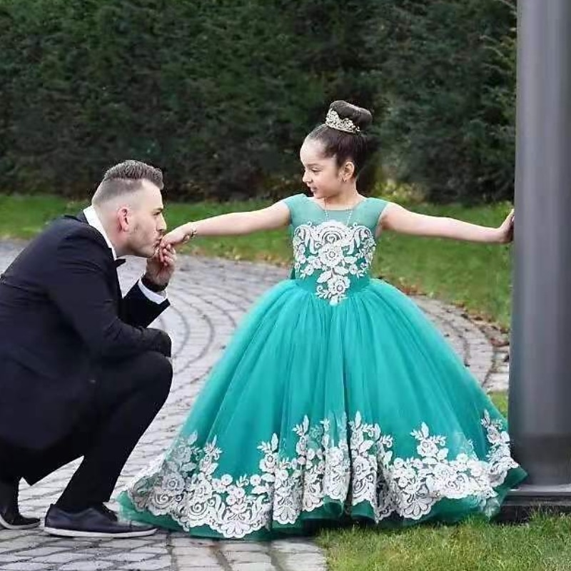 Kids Girls' Flower Girl Dress Dress Floral Solid Colored Sleeveless Wedding Party Birthday Lace Ruched Mesh Cute Princess Polyester Maxi A Line Dress Tulle Dress Summer Fall 3-12 Years White Green2