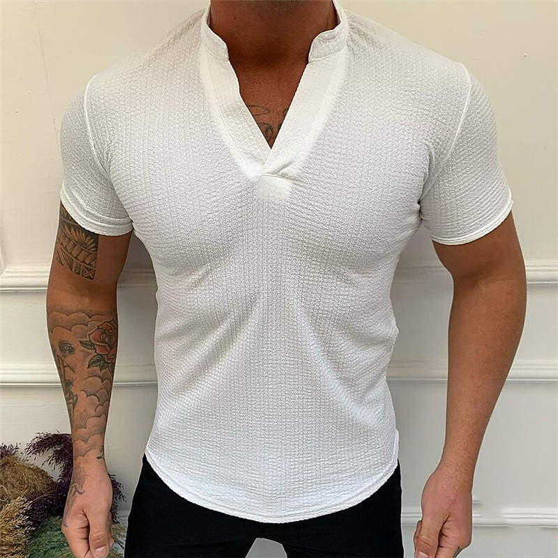 Men's Waffle Tee T Shirt Waffle Knit Tee Short Sleeve V Neck Summer Plain Sports Fashion Lightweight Vacation Casual Holiday Black White Pink Top Tee for Men2