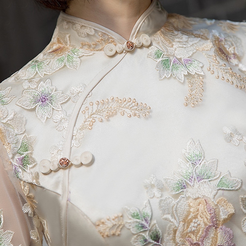 Sheath Evening Gown Vintage Dress Wedding Guest Formal Evening Floor Length Half Sleeve High Neck Satin with Embroidery  dress to impress4