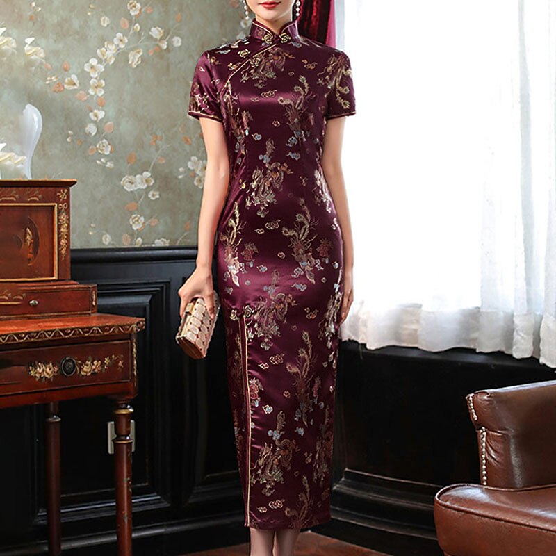 Women's Midi Dress Party Dress Wedding Guest Dress Sheath Dress Cheongsam Dress Modern Chinoiserie Elegant Dress Vacation Wedding Guest Daily Regular Fit Floral Animal Embroidery Short Sleeve Stand