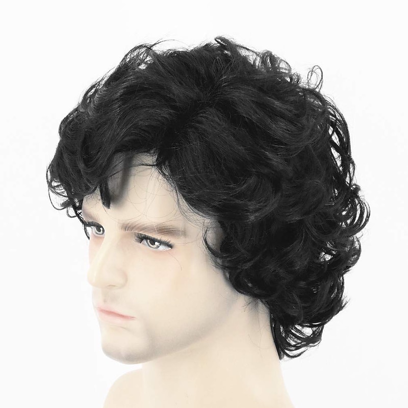 Black Wigs for Men Medieval Wig Cosplay Costume Wig Curly Middle Part Wig Black Synthetic Hair Men'sblack2