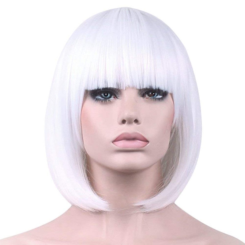 White Wigs for Women Wig White Bob Short Straight Wigs Hair with Bangs Synthetic Cosplay Party Halloween for Women Synthetic Hair Wig Vd052C3