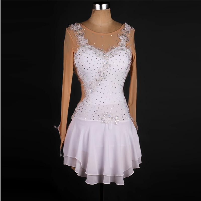 Figure Skating Dress Latin Lace Crystals / Rhinestones Women's Girls' Training Performance Long Sleeve High Mesh Spandex2