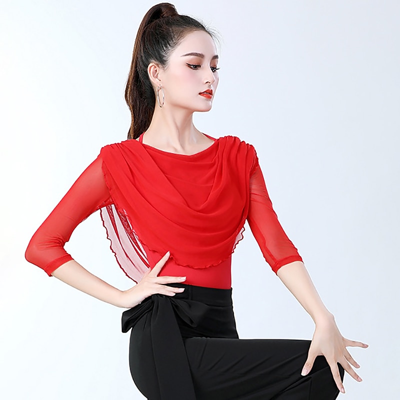 Latin Dance Activewear Top Pure Color Splicing Women's Training Performance 3/4 Length Sleeve High Cotton Blend3