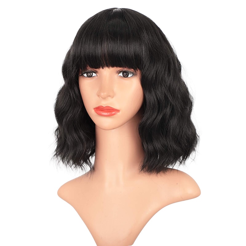 Synthetic Wig Wavy Bob Neat Bang Wig Medium Length Blonde Synthetic Hair Women's Blonde Black Burgundy barbiecore Wigs2