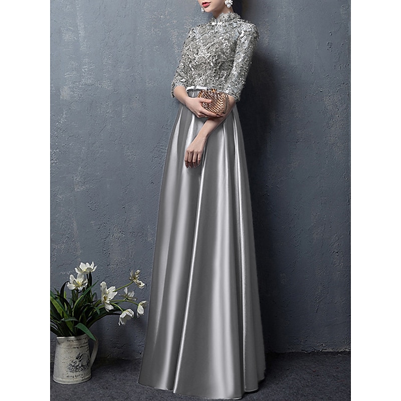 A-Line Mother of the Bride Dress Wedding Guest Elegant Vintage High Neck Floor Length Satin Half Sleeve with Bow(s) Appliques  dress to impress3