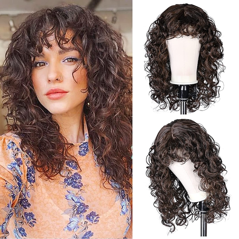 Eddie Munson Cosplay Long Curly Wig with Bangs 20Inch Shag Haircut With Curly Fringe Synthetic Hair for Women and Women Daily Use Party Christmas Party Wigs