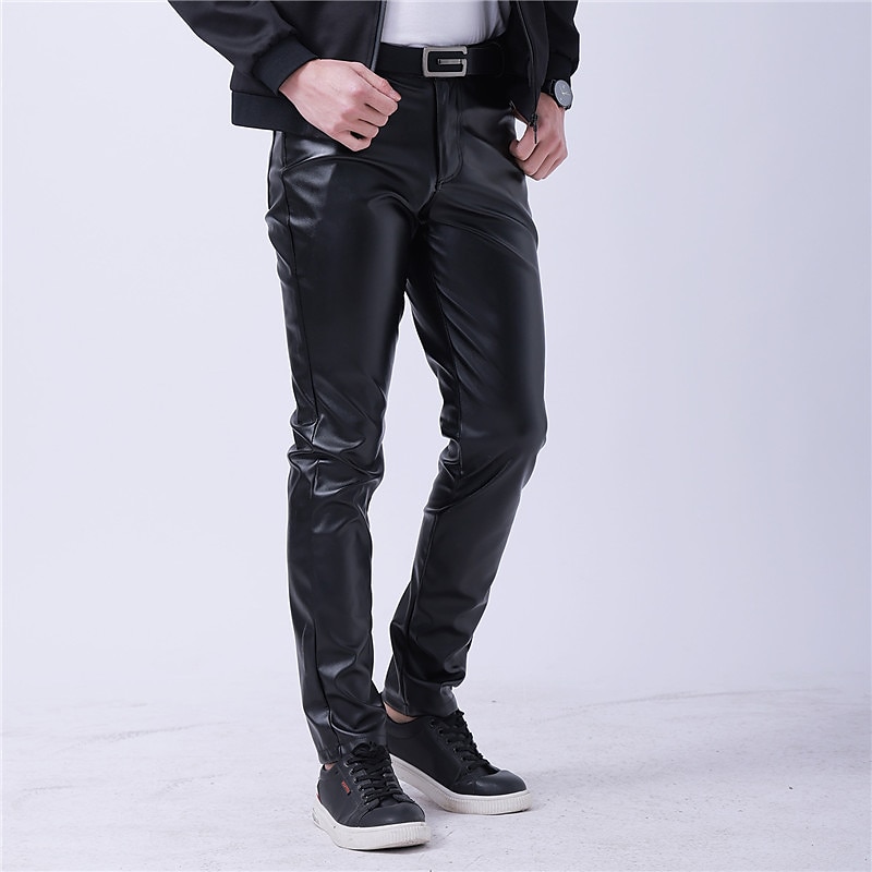 Men's Trousers Faux Leather Pants Casual Pants Pocket Straight Leg Plain Stretch Party Daily Wear Fashion Streetwear Black White2