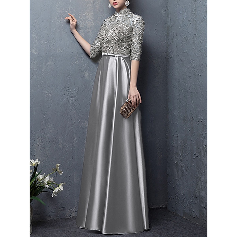 A-Line Mother of the Bride Dress Wedding Guest Elegant Vintage High Neck Floor Length Satin Half Sleeve with Bow(s) Appliques  dress to impress2