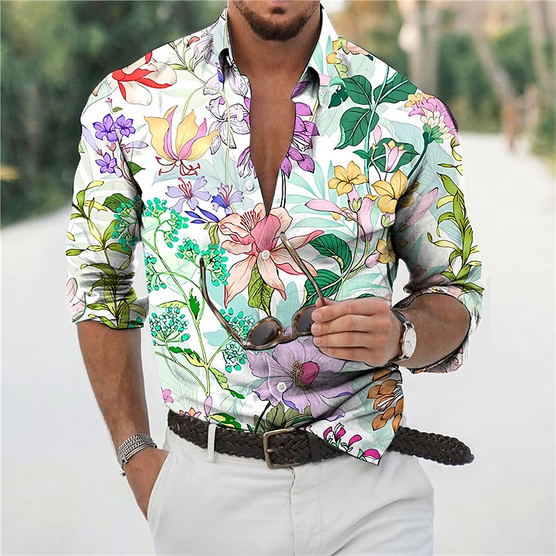 Men's Floral Tropical Flowers Shirt Summer Hawaiian Shirt Aloha Shirt Long Sleeve Shirt Turndown Fashion Designer Casual Vacation Daily Holiday Light Green Light Purple Purple 3D Print S M L