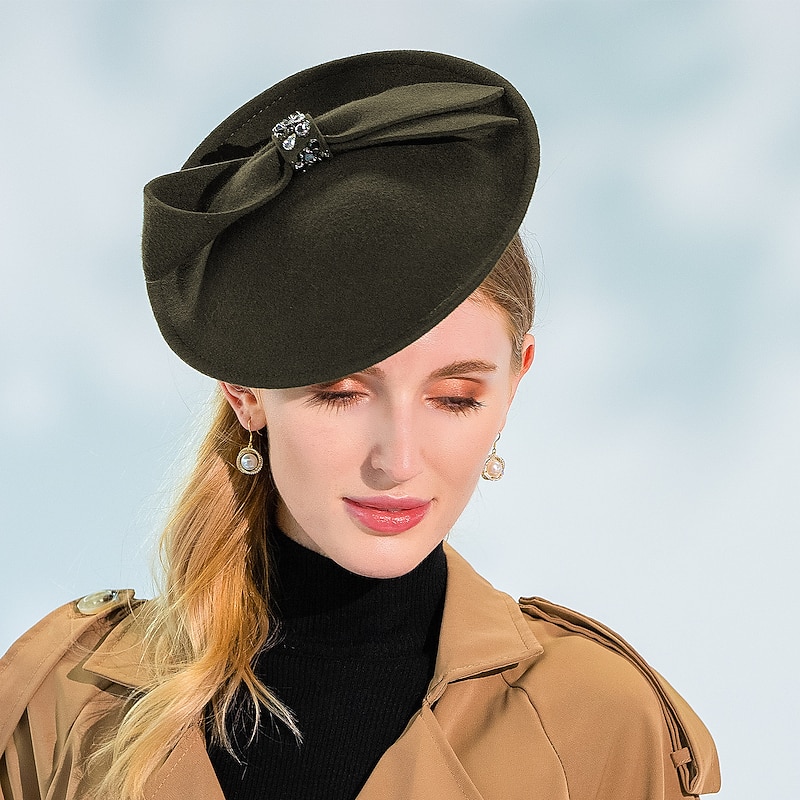 Fascinators Kentucky Derby Hat 100% Wool Bucket Hat Saucer Hat Wedding Party / Evening Melbourne Cup Cocktail Vintage Style Elegant With Bowknot Crystals / Rhinestones Headpiece Headwear4