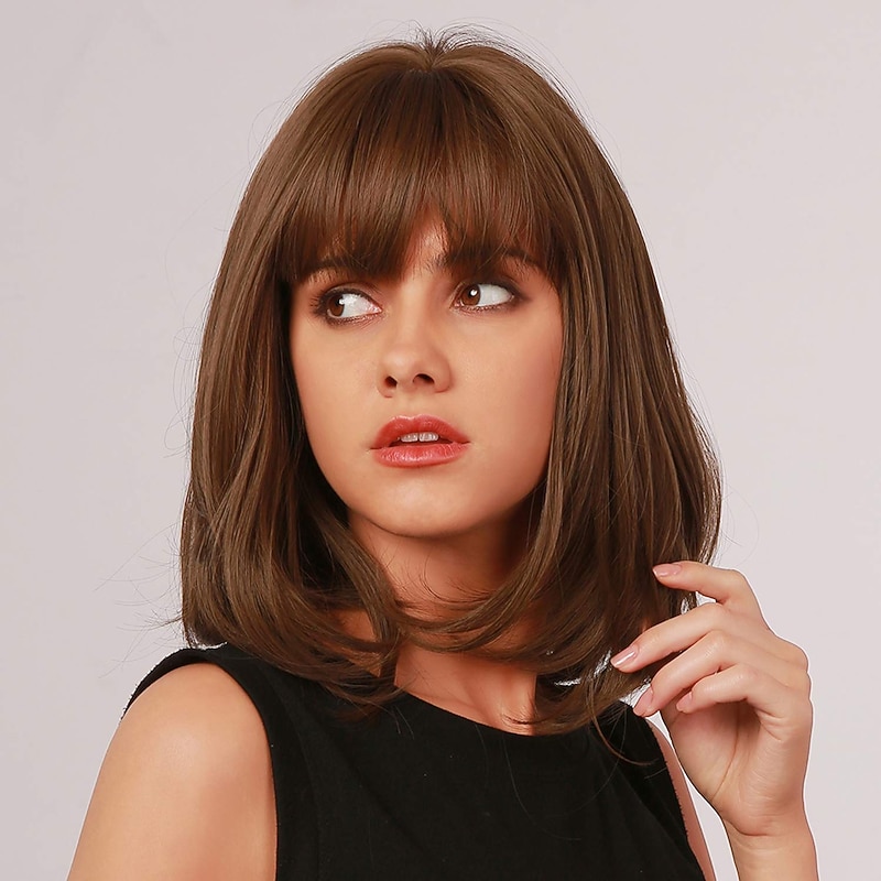 Brown Bob Wig with Bangs Synthetic Wigs for Women Medium Length Straight Wigs Natural Looking Wigs 12inch2