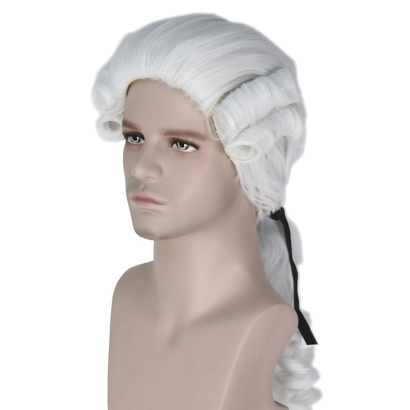White Wigs For Men Medieval Wig Man Colonial Judges Wig Long Beige Curly Wave  Party  Wig (White) Halloween Wigs