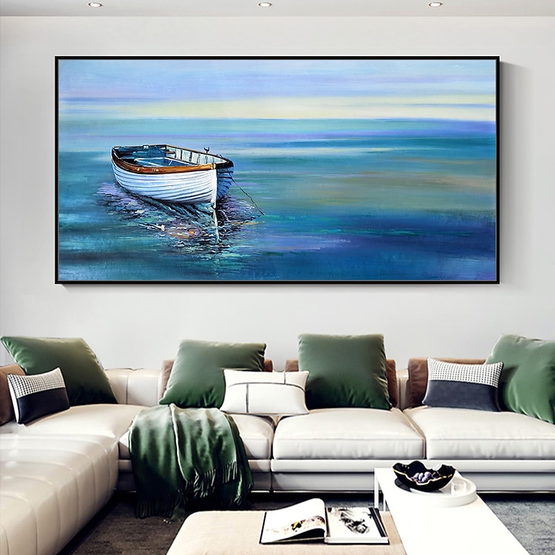 Mintura Handmade Oil Painting On Canvas Wall Art Decoration Modern Abstract Boat Landscape Picture For Home Decor Rolled Frameless Unstretched Painting