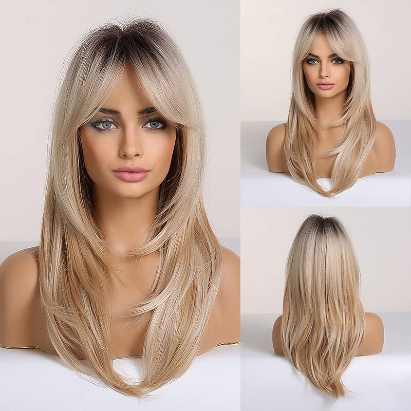 Blonde Wigs for Women Wavy Middle Part Wig With Bangs Long Wavy Heat Resistant Synthetic  Hair Wigs