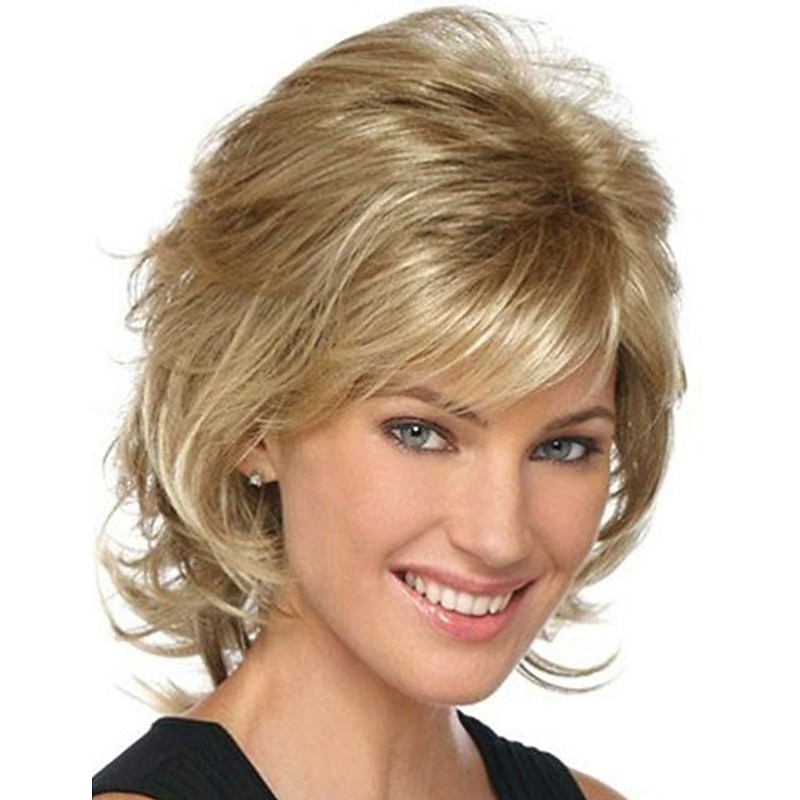 Short Mixed Blonde Curly Wig with Bangs Natural Wavy Synthetic Wig for Women Short Natural Wavy Wigs