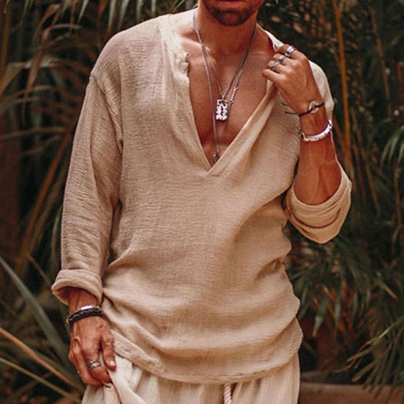 Men's Shirt Linen Shirt Viking Style Summer Shirt Beach Wear Solid Color Outdoor Street Green Beige Long Sleeve V Neck Summer Spring Clothing Apparel2