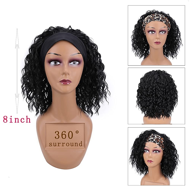 Black Wigs for Women Deep Wave Headband Bob Wigs for Women,12 Inch Synthetic Water Wave Short Black Curly Wigs with Headband（No Colored Headband）3