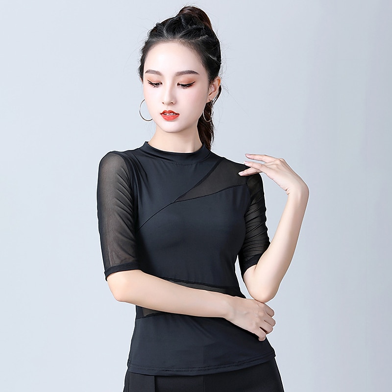 Latin Dance Activewear Top Pure Color Splicing Women's Training Performance Half Sleeve High Nylon3